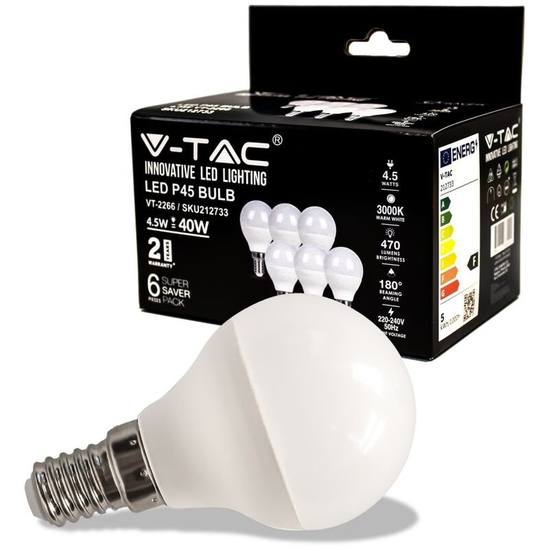 foto del prodotto vt 2266 lampadina led mini globo smd p45 4.5w e14 bianco caldo 3000k box 6 pezzi sku 212733 v tac