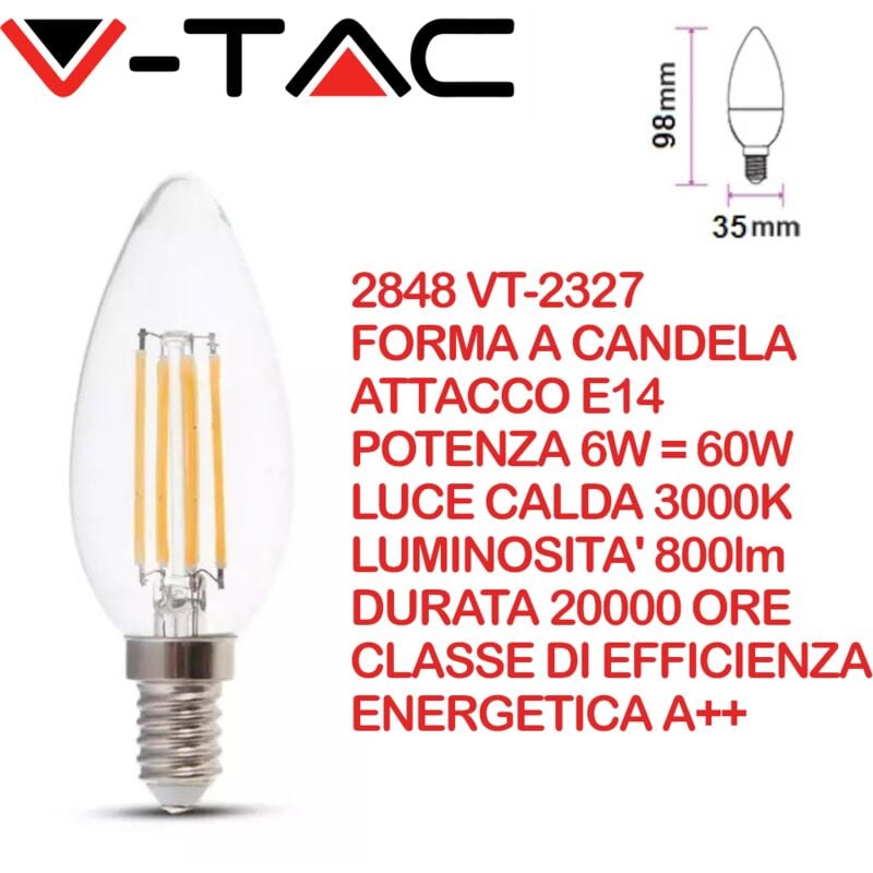 foto del prodotto vt 2327 lampadina led e14 6w candela a filamento bianco caldo 3000k v tac