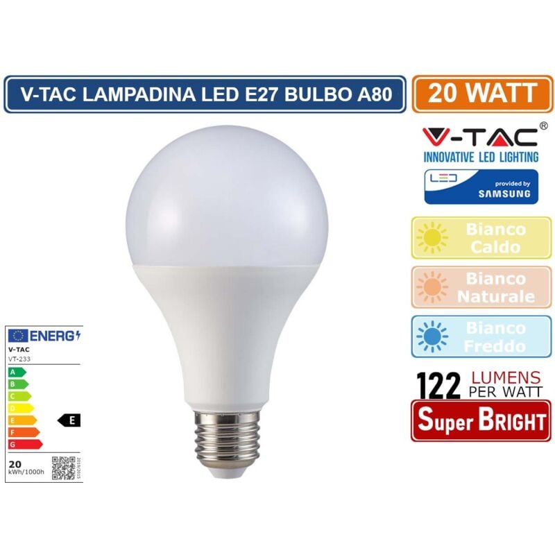 foto del prodotto vt 233 lampadina led e27 20w bulb a80 goccia smd chip samsung sku 21237 21238 21239 colore luce bianco freddo v tac