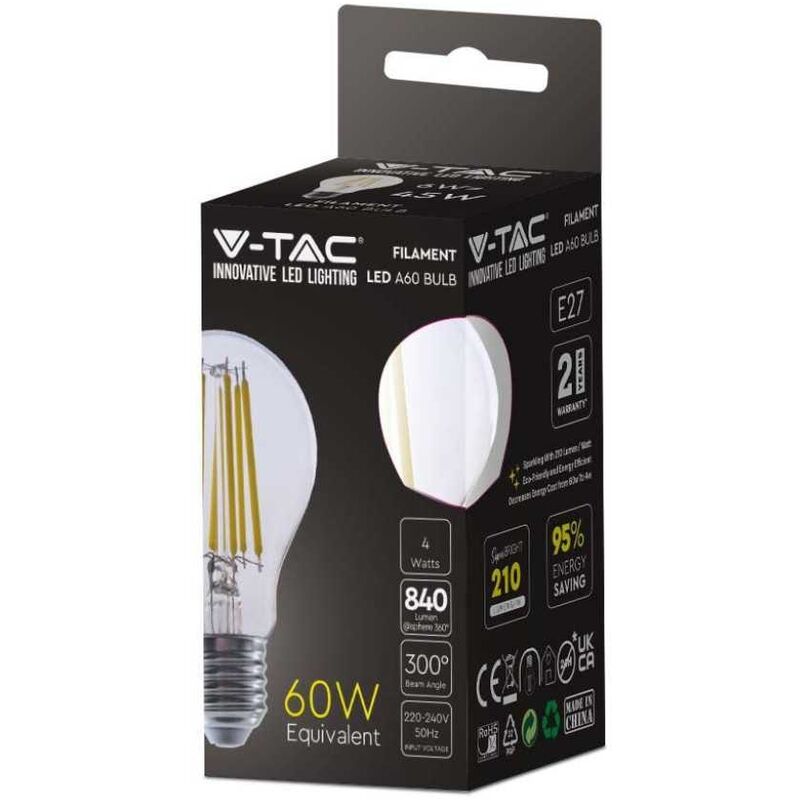 immagine 0 del prodotto vt 2334 lampadina led 4w e27 3000k lampada filamento bulbo a60 vetro trasparente sku 2990 v tac