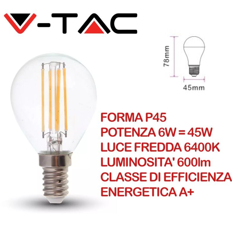 foto del prodotto vt 2466 lampadina led e14 6w p45 filamento bianco freddo 6400k v tac
