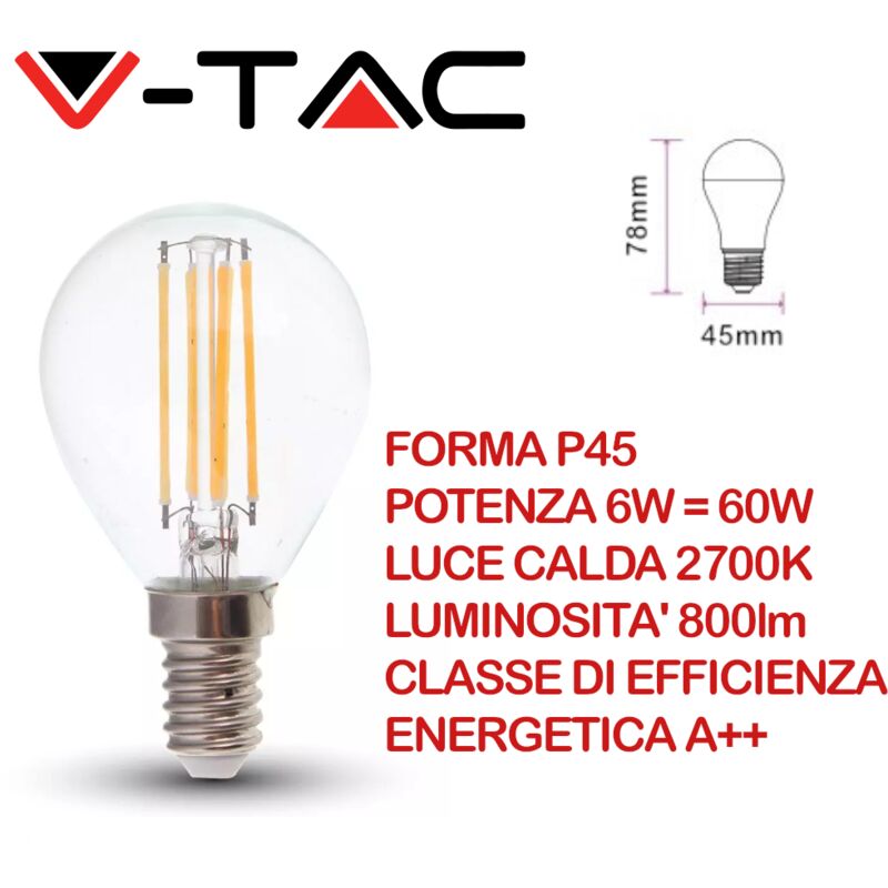 foto del prodotto vt 2486 lampadina led bulb e14 6w filamento p45 130lm w bianco caldo 2700k v tac