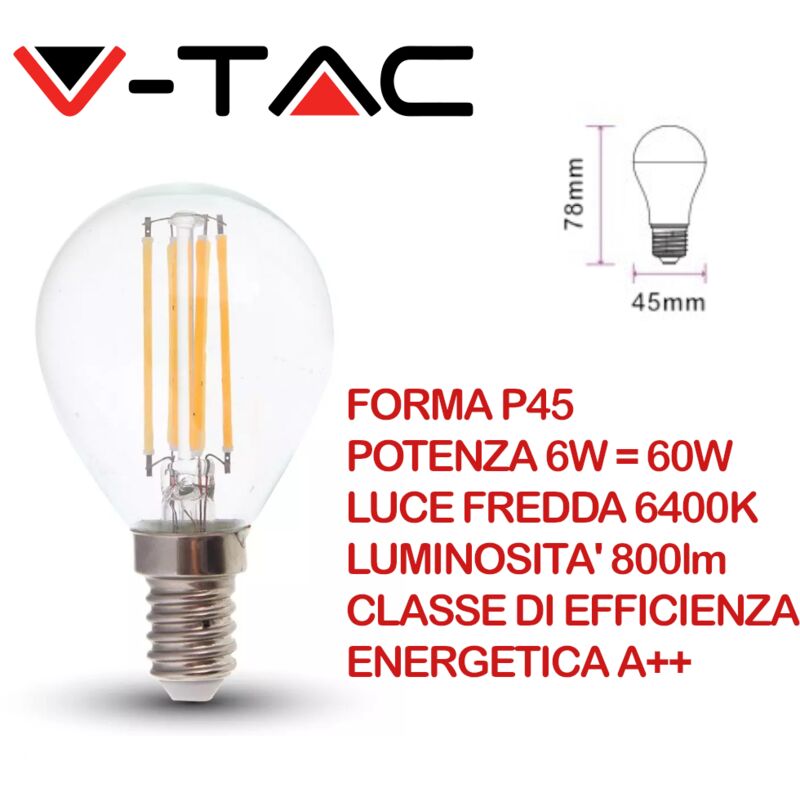 foto del prodotto vt 2486 lampadina led bulb e14 6w filamento p45 130lm w bianco freddo 6400k v tac
