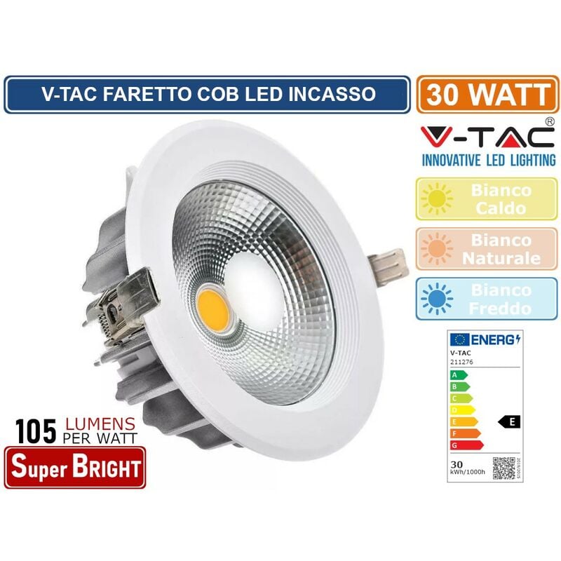 foto del prodotto vt 26301 rd faretto led da incasso rotondo 30w cob sku 211276 211277 211278 colore luce bianco freddo v tac