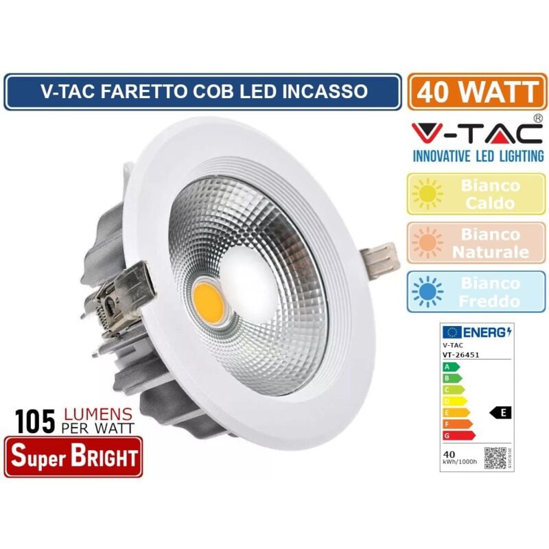 foto del prodotto vt-26451 faretto led da incasso rotondo led cob 40w 120lm/w a++ colore bianco 6400k - sku 1280 - v-tac