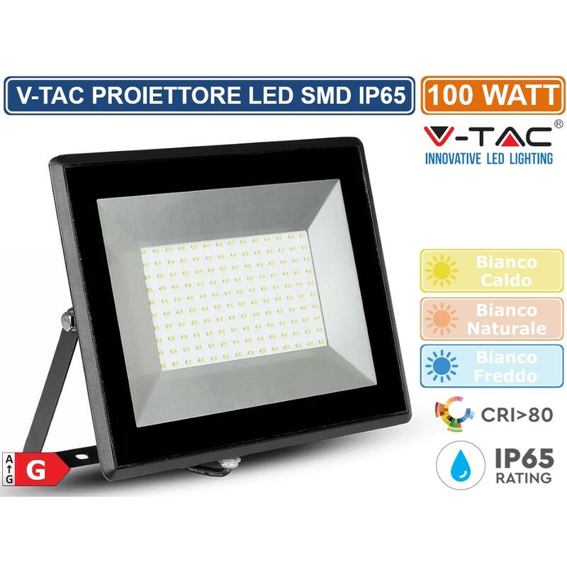 foto del prodotto vt 40101 e series faro led smd 100w ultra sottile da esterno colore nero sku 5964 5965 5966 colore luce bianco caldo v tac