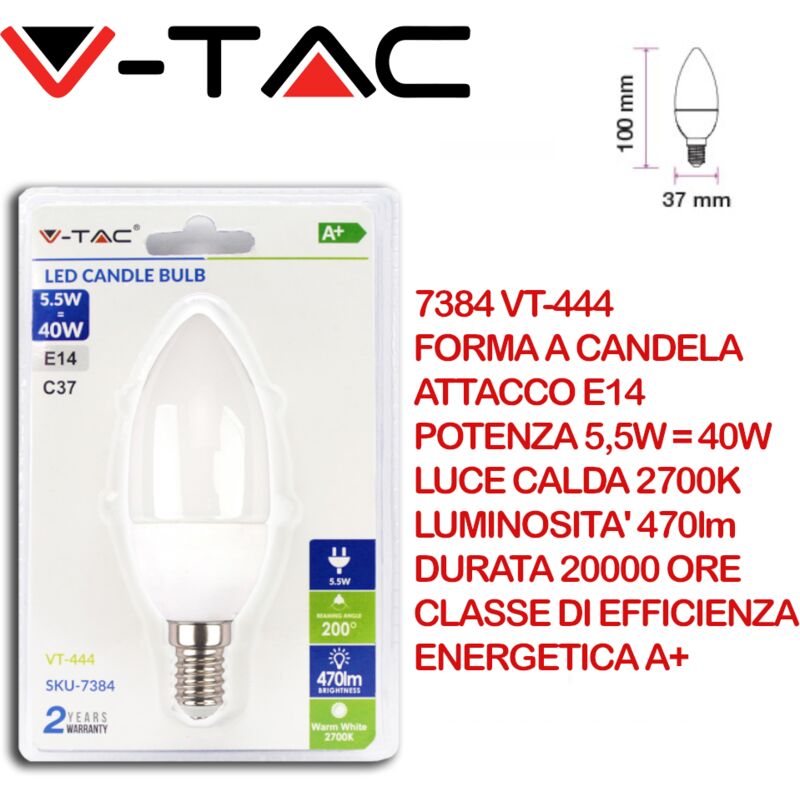 foto del prodotto vt 444 lampadina led in blister e14 5,5w a candela bianco caldo 2700k v tac
