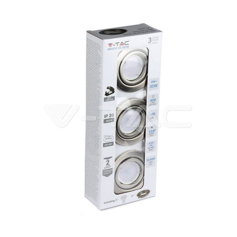 foto del prodotto vt 4444 8884 confezione da 3 portafaretti led orientabili rotondi gu10 colore nichel satinato con faretti 5w inclusi bianco freddo 6400k v tac