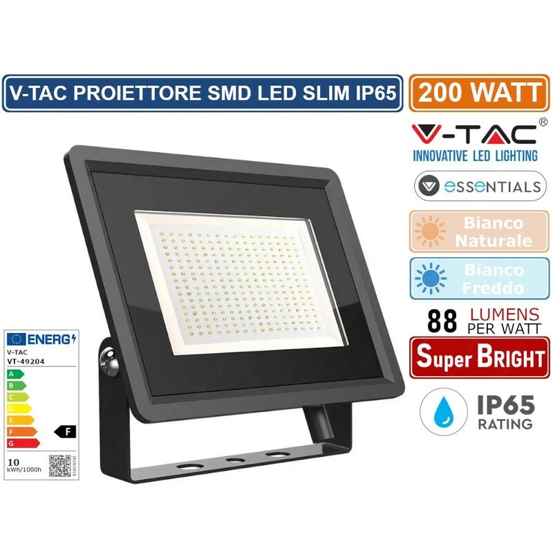 foto del prodotto vt 49204 b essentials series faro led smd 200w ultra sottile da esterno colore nero sku 6733 6734 colore luce bianco freddo v tac