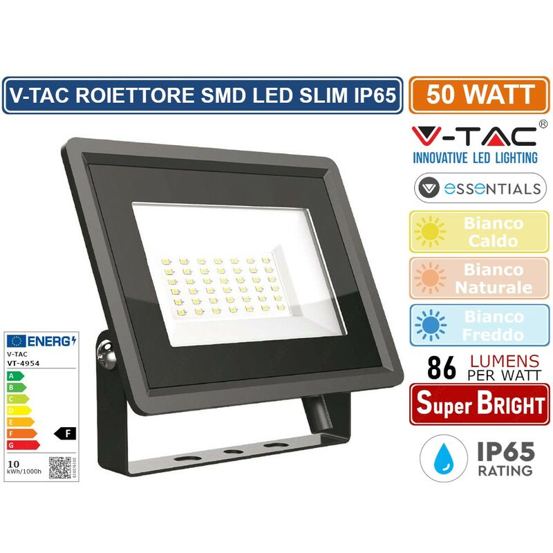 foto del prodotto vt 4954 b essentials series faro led smd 50w ultra sottile da esterno colore nero sku 6749 6750 6751 colore luce bianco caldo v tac