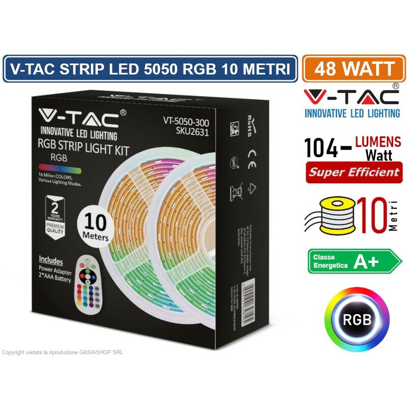 foto del prodotto vt 5050 300 kit con striscia led 5050 4,8w 12v multicolore rgb 10mt controller e alimentatore sku 2630 v tac
