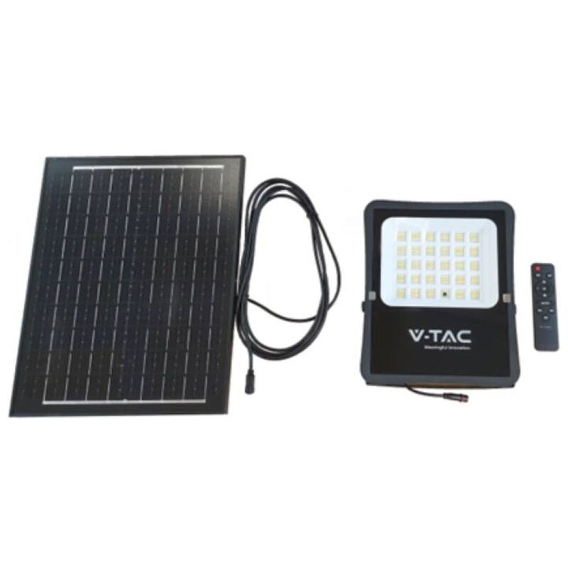 foto del prodotto vt 55200 faro led 1600lm alimentato a pannello solare 15w fotovoltaico batteria con telecomando luce bianco freddo 6400k sku 6968 v tac