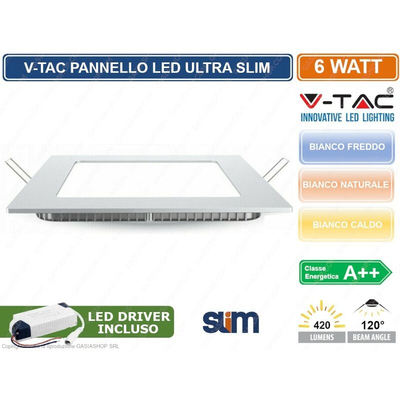 foto del prodotto vt 607 sq pannello led quadrato 6w smd da incasso con driver sku 4863 4864 4865 colore luce bianco freddo v tac