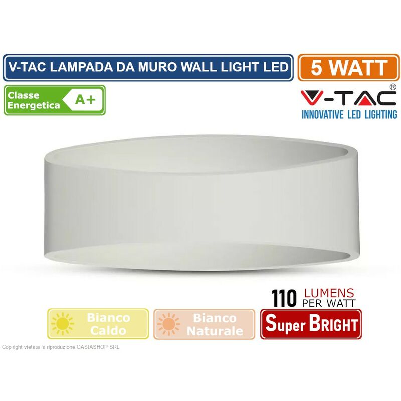 foto del prodotto vt 705 lampada da muro wall light led 5w forma arrotondata colore bianco sku 8208 8232 colore luce bianco caldo v tac