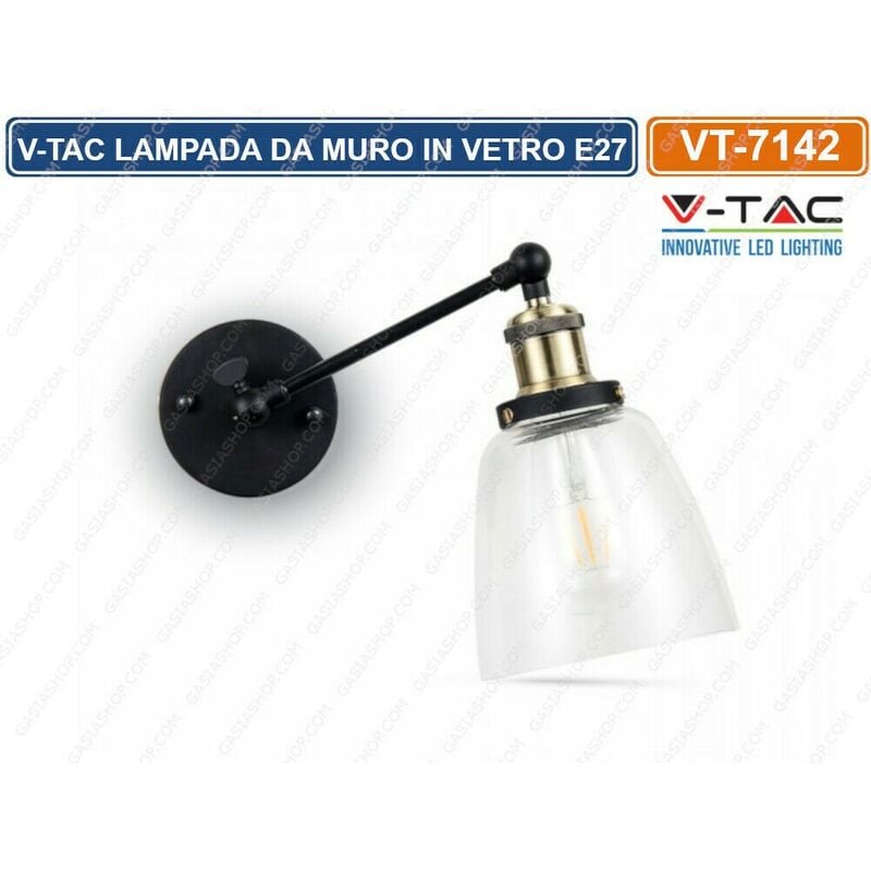 foto del prodotto vt 7142 lampada da muro in vetro trasparente con portalampada per lampadine e27 sku 3861 v tac