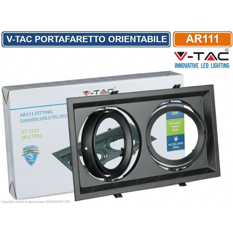 foto del prodotto vt 7222 portafaretto doppio orientabile da incasso per lampadine ar111 sku 3582 v tac