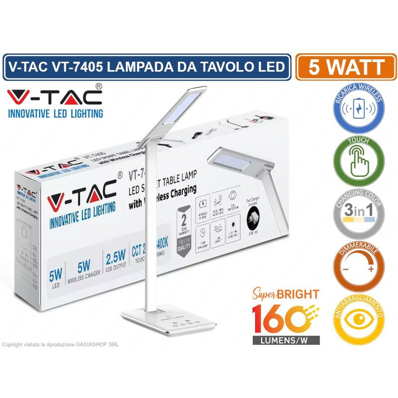 foto del prodotto vt 7405 lampada da tavolo led 5w multifunzione con stazione di ricarica wireless colore bianco sku 218601 v tac