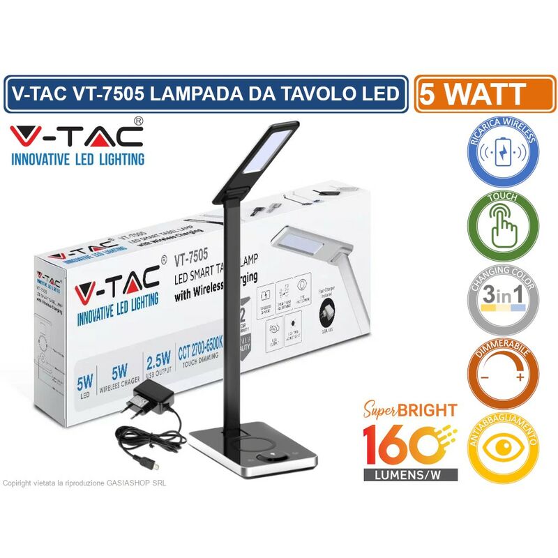 foto del prodotto vt 7505 lampada da tavolo led 5w multifunzione con stazione di ricarica wireless colore nero sku 8602 v tac