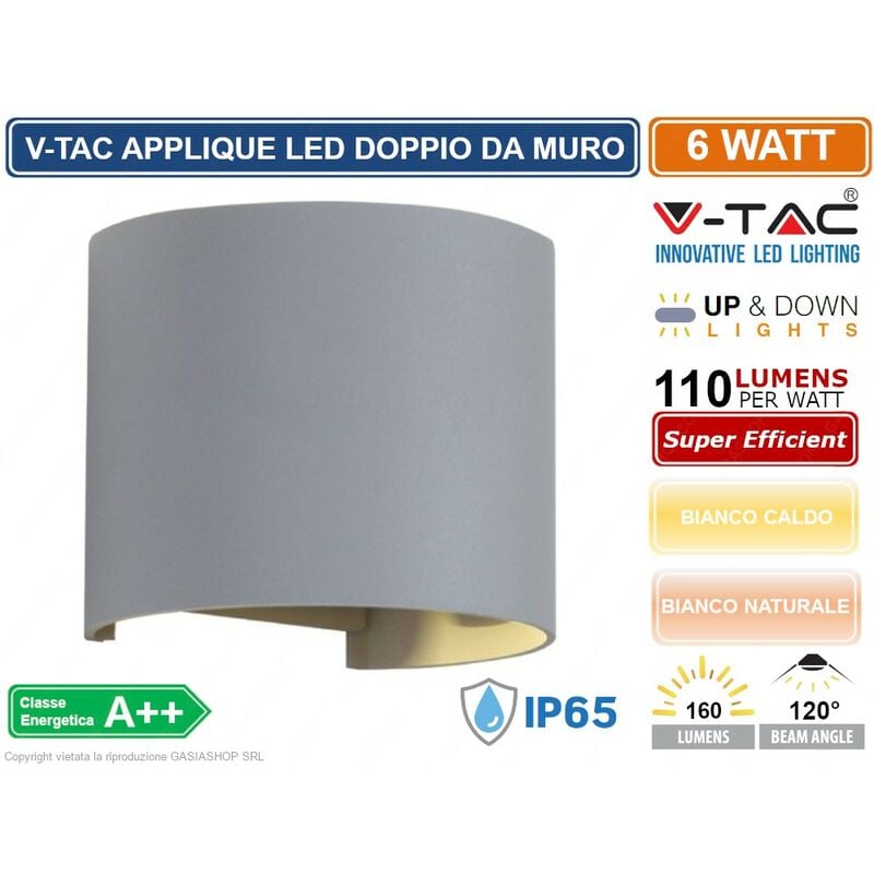 foto del prodotto vt 756 lampada da muro wall light grigia con doppio led cob 6w ip65 sku 7083 7092 colore luce bianco caldo v tac