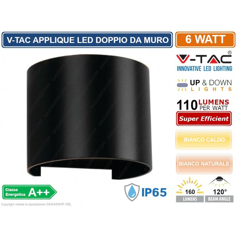 foto del prodotto vt 756 lampada da muro wall light nera con doppio led cob 6w ip65 sku 7081 7090 colore luce bianco caldo v tac