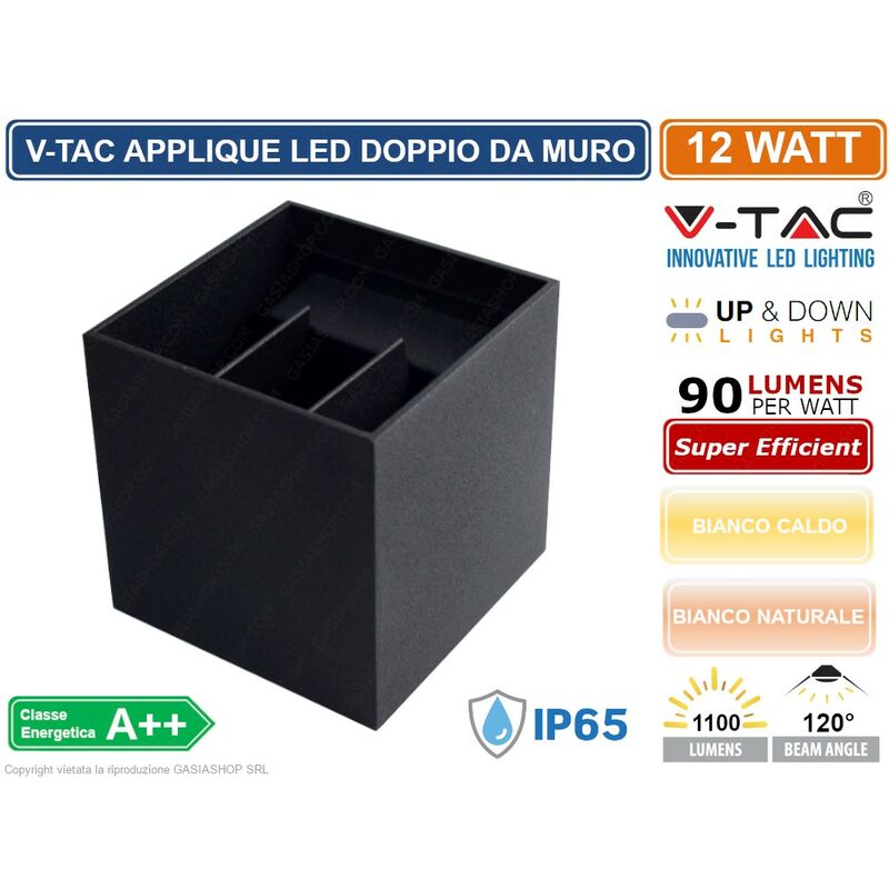 foto del prodotto vt 759 12 lampada da muro wall light nera con doppio led cob 12w ip65 sku 8529 8530 colore luce bianco naturale v tac
