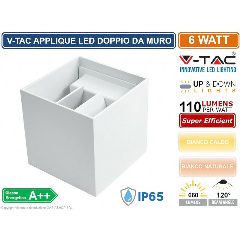 foto del prodotto vt 759 lampada da muro wall light bianca con doppio led cob 6w ip65 sku 7079 7088 colore luce bianco naturale v tac