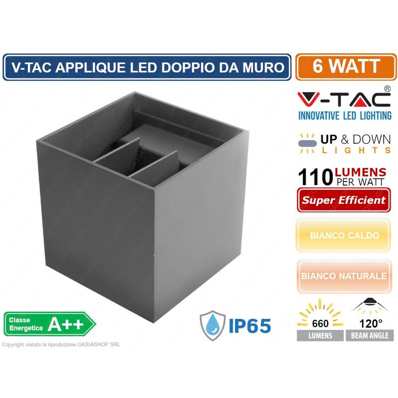 foto del prodotto vt 759 lampada da muro wall light grigia con doppio led cob 6w ip65 sku 7080 7089 colore luce bianco caldo v tac