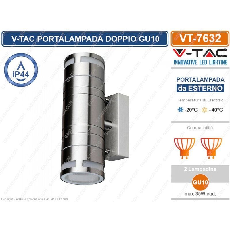 foto del prodotto vt 7632 portalampada doppio da muro led gu10 acciaio inox da esterno ip44 sku 7504 v tac
