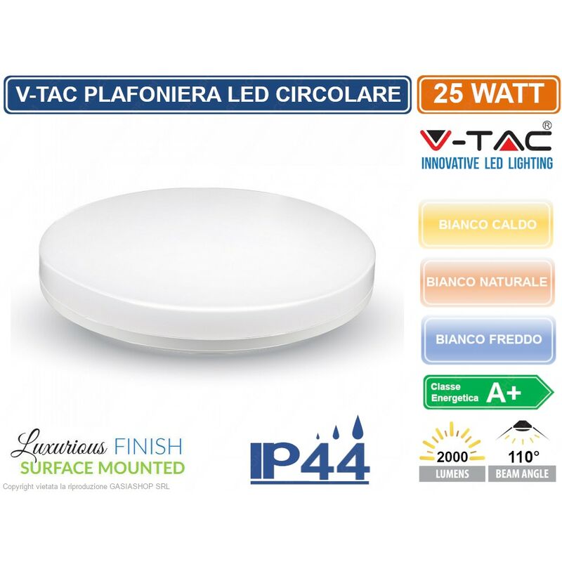 foto del prodotto vt 8066rd plafoniera led 25w forma rotonda colore bianco sku 1392 1393 1394 da esterno ip44 colore luce bianco caldo v tac