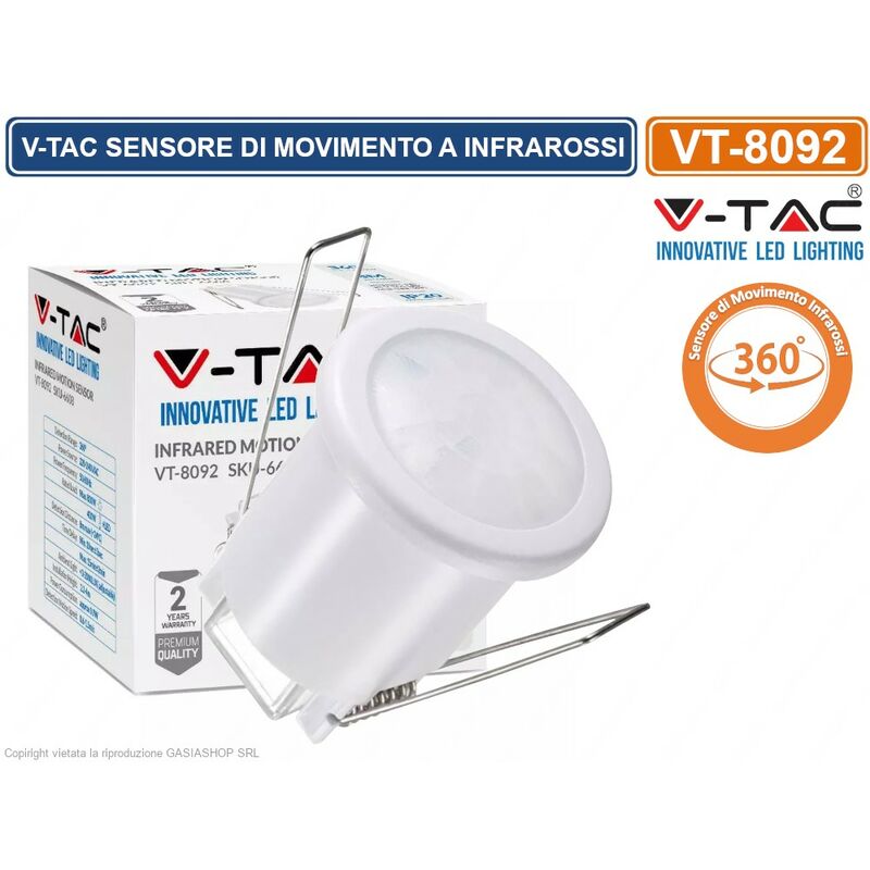 foto del prodotto vt 8092 sensore di movimento a infrarossi pir per lampadine led da incasso colore bianco sku 6608 v tac