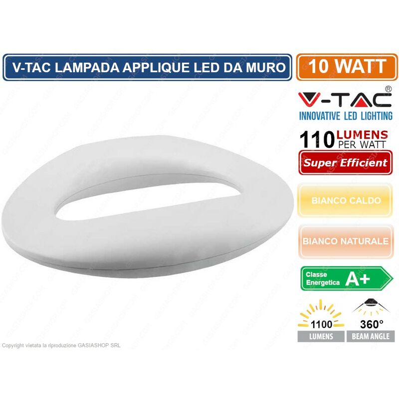 foto del prodotto vt 811 lampada da muro wall light led 10w forma arrotondata colore bianco sku 8307 8308 colore luce bianco naturale v tac