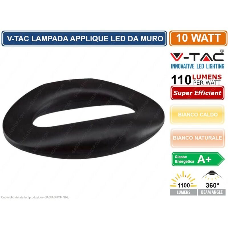 foto del prodotto vt 811 lampada da muro wall light led 10w forma arrotondata colore nero sku 8309 8310 colore luce bianco naturale v tac