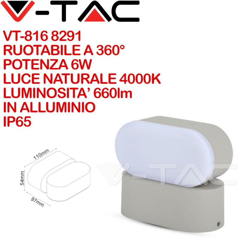 foto del prodotto vt 816 8291 lampada led da muro ovale 6w colore grigio con testa ruotabile 4000k ip65 v tac
