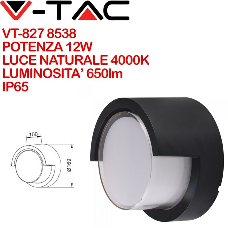 foto del prodotto vt-827 lampada led da muro rotonda 12w con diffusore semicoperto colore nero 4000k ip65 - sku 8538 - v-tac