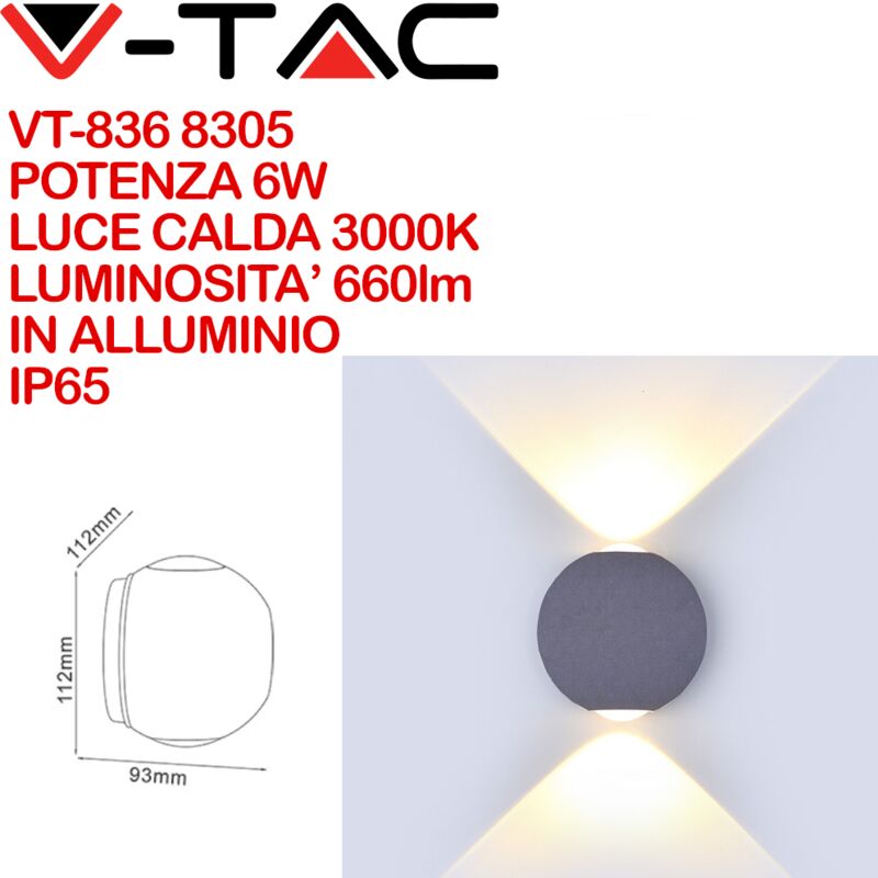 foto del prodotto vt 836 8305 lampada led da muro sferica 6w doppio fascio luminoso colore grigio 3000k ip65 v tac