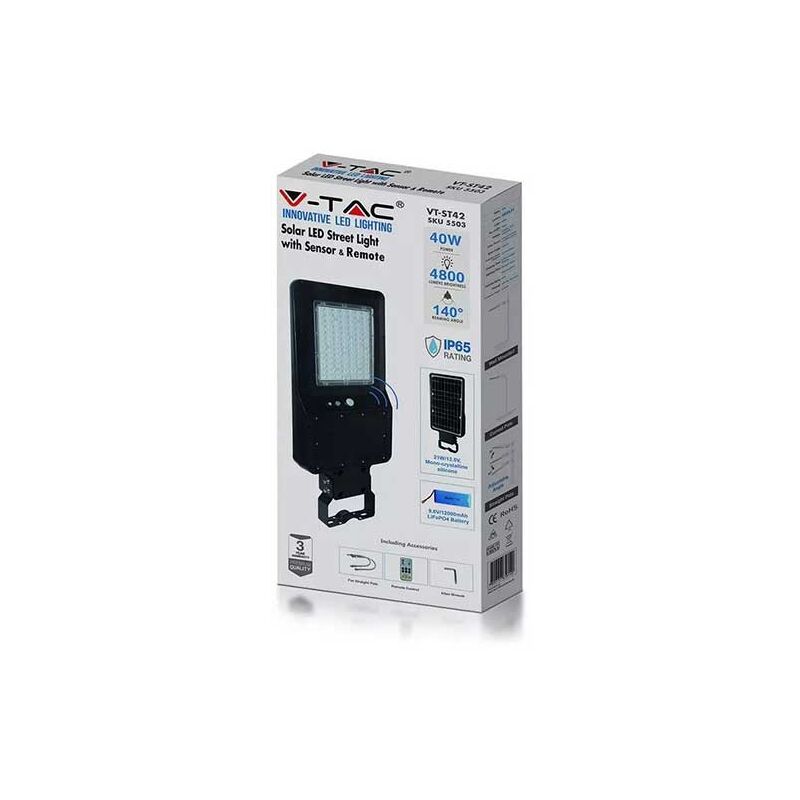 foto del prodotto vt st42 armatura stradale led 40w con pannello solare 120lm w sensore di movimento pir e telecomando 4000k ip65 sku 5503 v tac