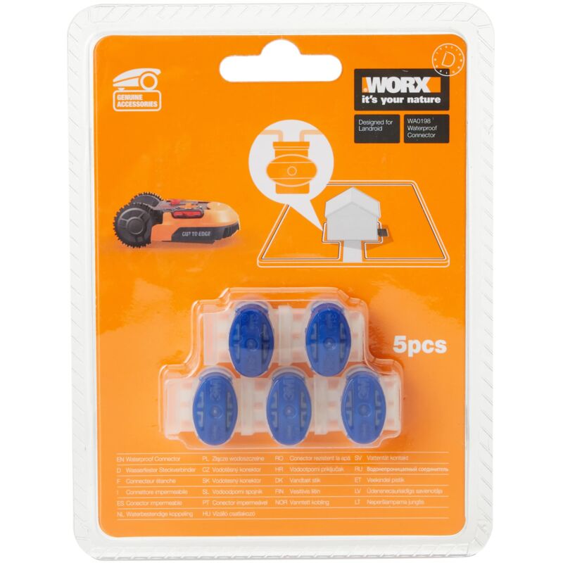 foto del prodotto wa0198 kit 5 connettori stagni per giunte filo perimetrale, accessorio robot rasaerba landroid, blu worx