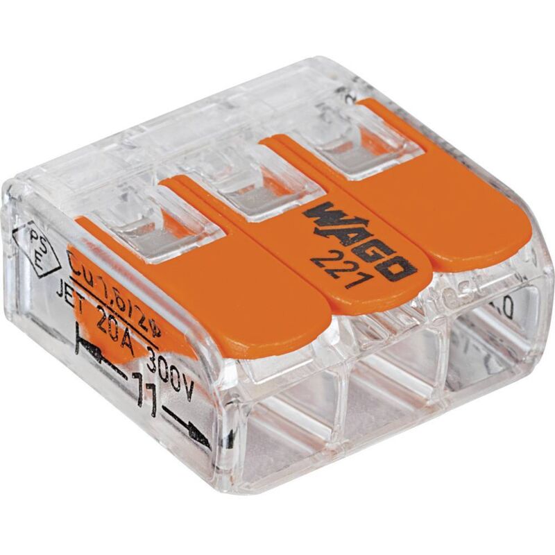 foto del prodotto wago 221 413 50 221 morsetto flessibile 0.14 4 mm rigido 0.2 4 mm numero poli num 3 50 pz. trasparente, arancion