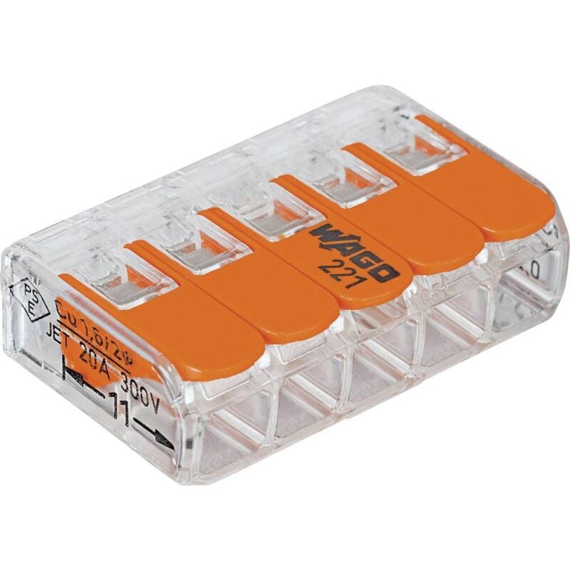 foto del prodotto wago 221 415 25 221 morsetto flessibile 0.14 4 mm rigido 0.2 4 mm numero poli num 5 25 pz. trasparente, arancion
