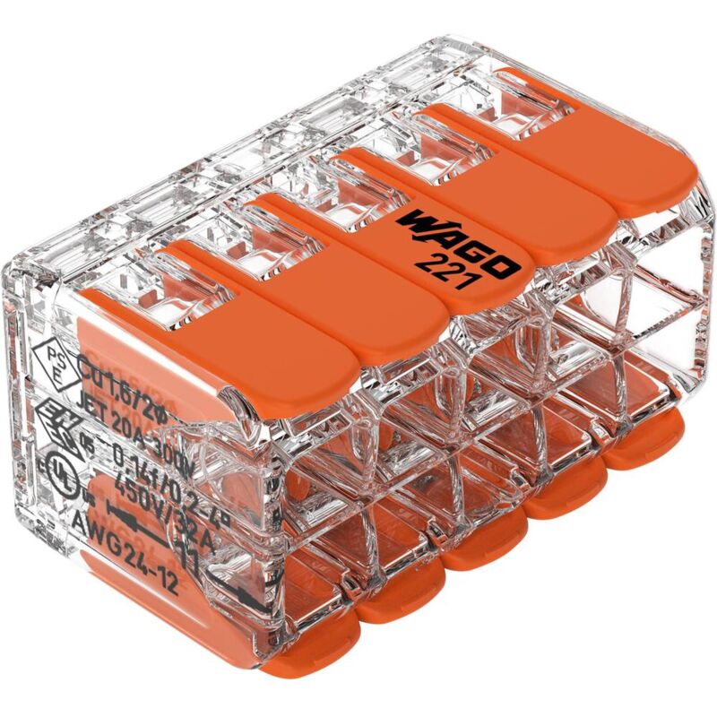 foto del prodotto wago 221 420 15 221 morsetto flessibile 0.14 4 mm rigido 0.2 4 mm numero poli num 10 15 pz. trasparente, arancio