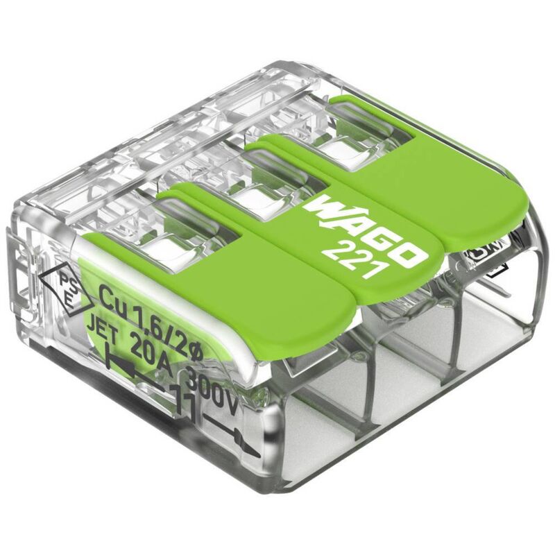 foto del prodotto wago 221 423 221 morsetto flessibile 0.14 4 mm rigido 0.2 4 mm numero poli num 3 50 pz. trasparente, verde