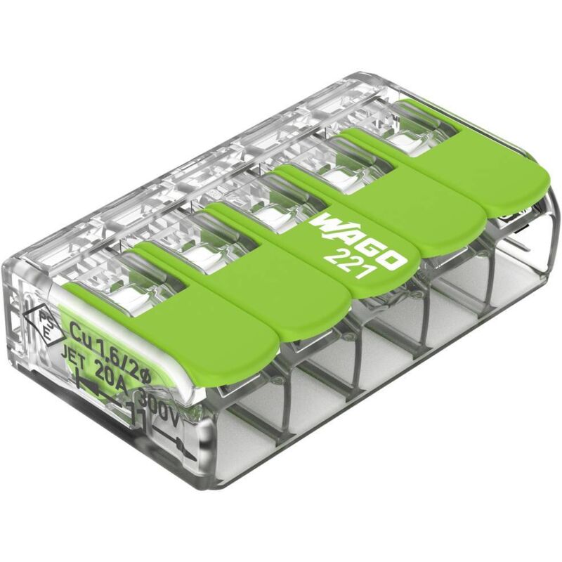 foto del prodotto wago 221 425 221 morsetto flessibile 0.14 4 mm rigido 0.2 4 mm numero poli num 5 25 pz. trasparente, verde