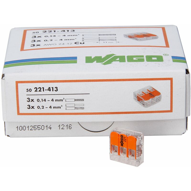 foto del prodotto wago kopp 33346427 morsetto 3 volte con leva per flexible fili wiederoeffenbar 1,5 2,5 mm contenuto 50 pezzi, colore trasparente arancione