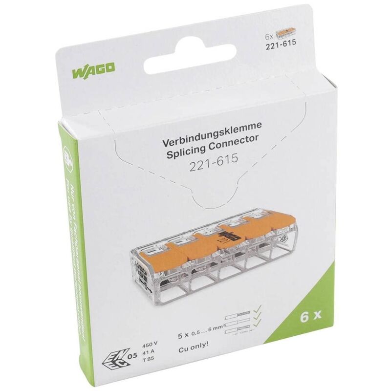 foto del prodotto wago terminali di collegamento 221 615 5 poli, fino a 6 mm , connettori per cavi compact con leva per tutti i tipi di conduttori in tutto il mondo,