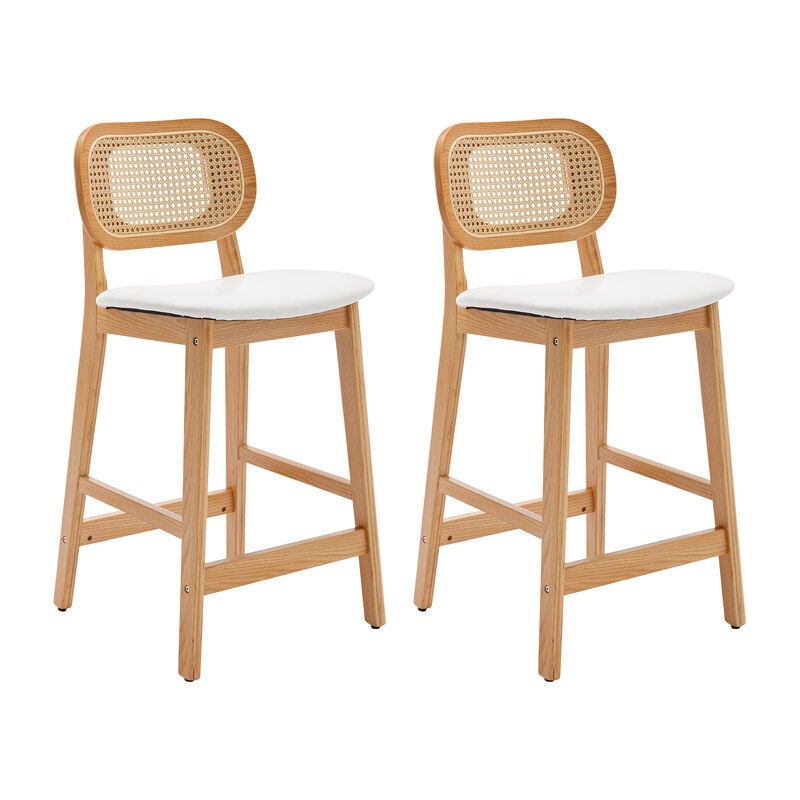 foto del prodotto wahson set di 2 sgabelli bar in rattan sgabelli cucina imbottite con cuscino in ecopelle sedia da bar retr sgabelli alti con gambe in legno, bianco