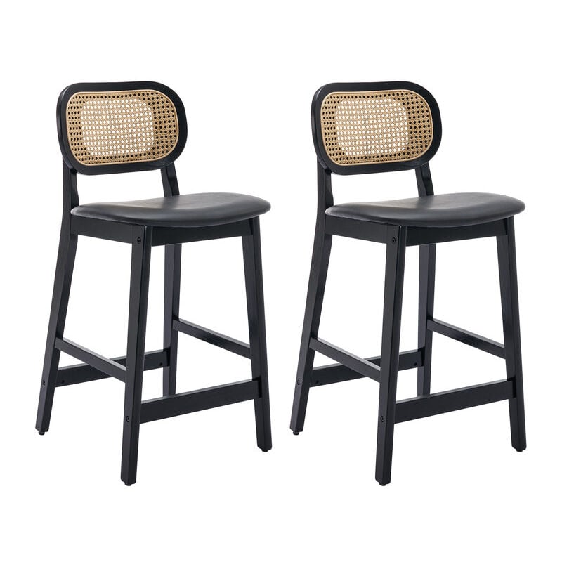 foto del prodotto wahson set di 2 sgabelli bar in rattan sgabelli cucina imbottite con cuscino in ecopelle sedia da bar retr sgabelli alti con gambe in legno, nero