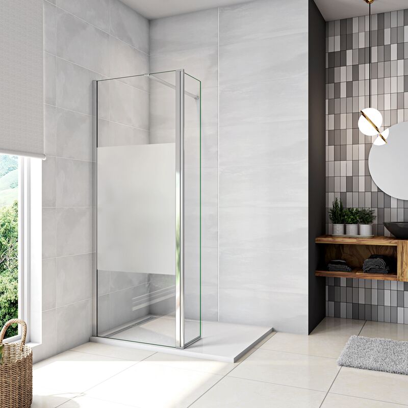 foto del prodotto walk in doccia 100x200cm due pareti 70 30 cm vetro 8 mm temperato anticalcare fascia opaca centrale anti frantumi barra stabilizzatrice 140 cm