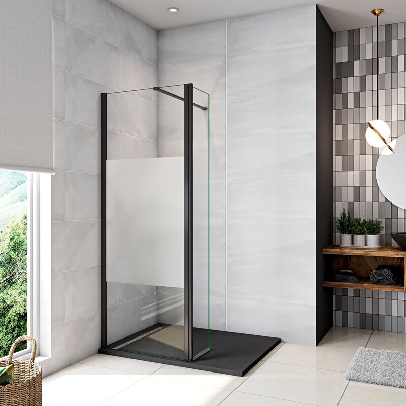 foto del prodotto walk in doccia 100x200cm due pareti 70 30 vetro 8 mm temperato anticalcare antifrantumi fascia opaca barra stabilizzatrice 90 cm nera opaca