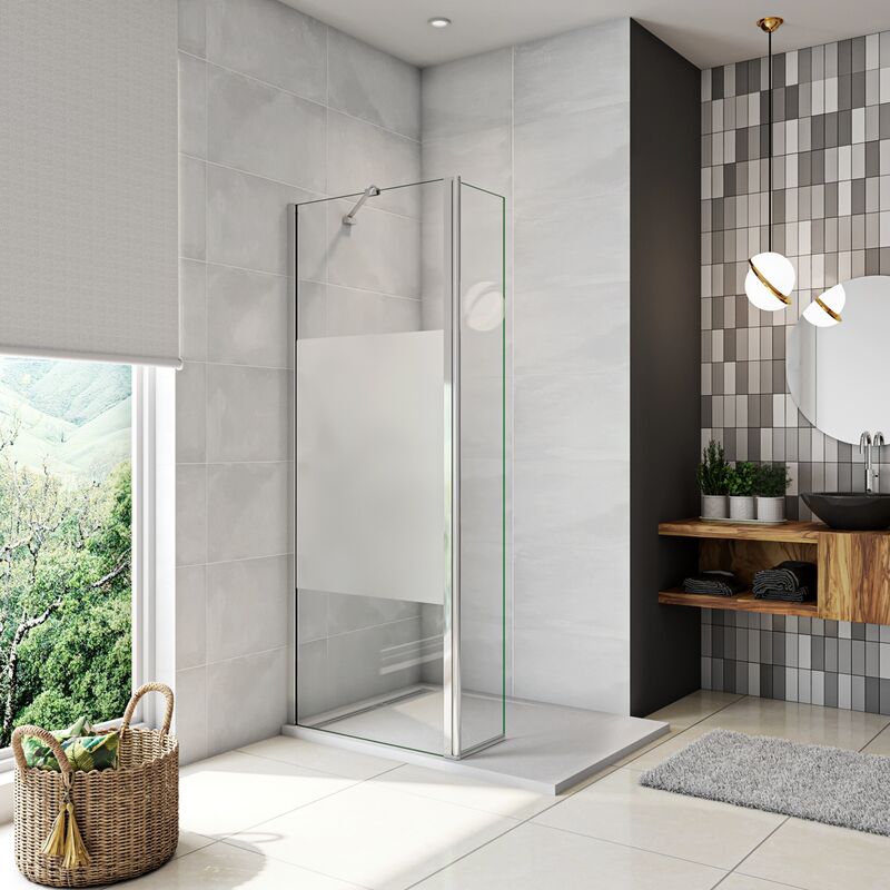 foto del prodotto walk in doccia 125x200cm due pareti (85+40) cm vetro 8 mm temperato anticalcare fascia opaca centrale anti frantumi barra stabilizzatrice 45 cm cromo lucido