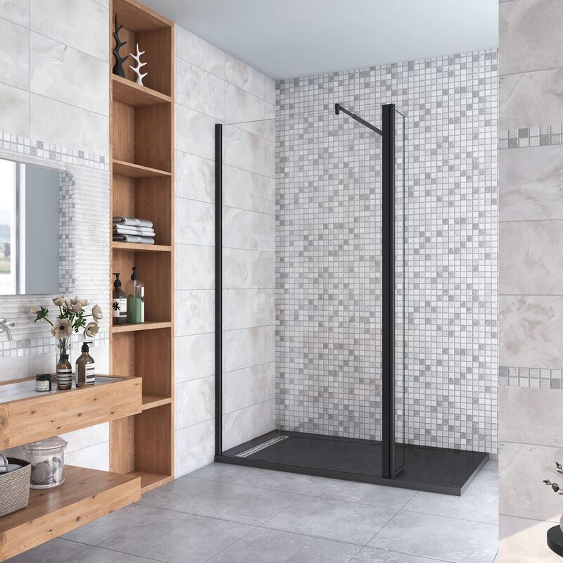 foto del prodotto walk in doccia 80x200cm due pareti 40 40 cm vetro 8 mm temperato trasparente anticalcare barra stabilizzatrice 70 120 cm nero opaco